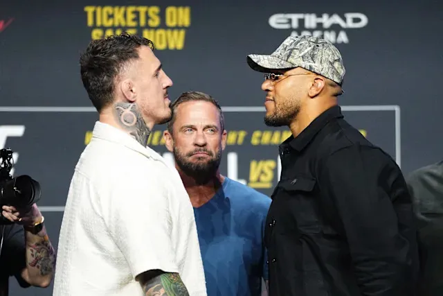 Face off! Tom Aspinall showered with boos, stares down Ciryl Gane ahead of  UFC 321 title fight (Video) - Yahoo Sports