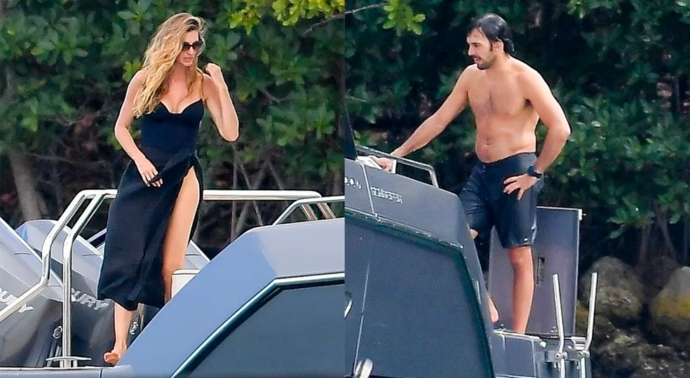 Gisele Bündchen beija Joaquim Valente em dia de passeio de lancha