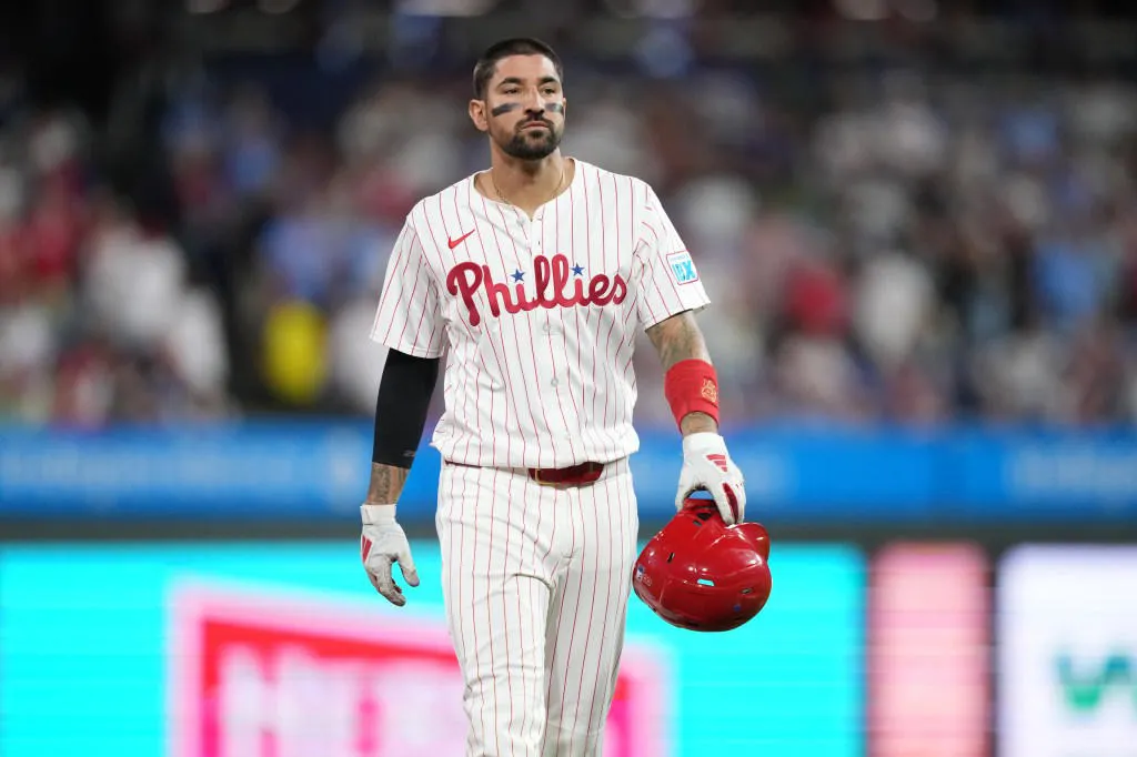 Philadelphia Phillies outfielder Nick Castellanos (8) looks on against the Atlanta Braves in the tenth inning at Citizens Bank Park.